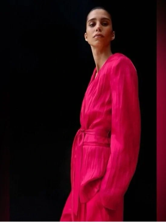 Zara NEW Crinkle Satin Blazer and Wide Leg Trousers SET Fuchsia Pink XS Shiny - Picture 11 of 15